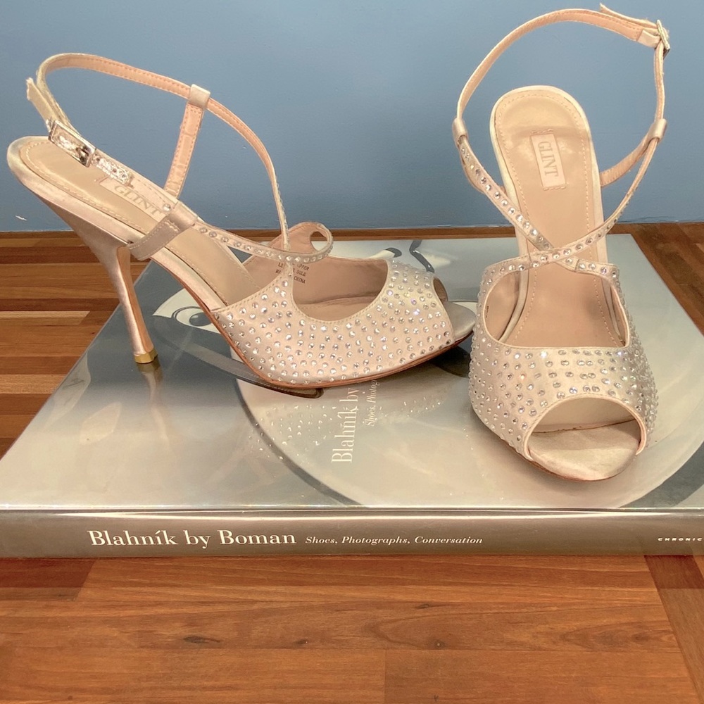 Glint Champaign Platinum Satin Rhinestone Heels